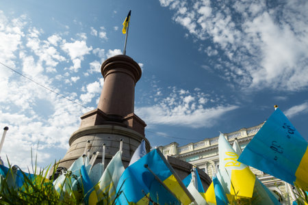 Ukrainian flags at a memorial for war dead, Katerynyska Square, Odesaの写真素材