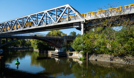 Subway train passes over the Landwehrkanal in Berlinの写真素材