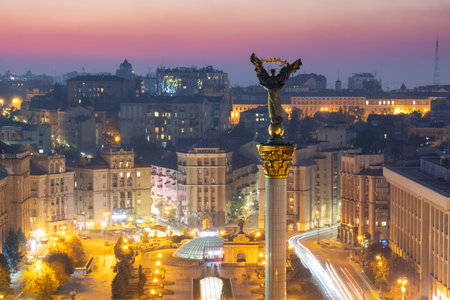 View over Maidan Square at sunset, Kyiv, Ukraineの写真素材