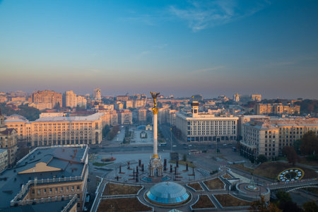 View over Maidan Square at sunset, Kyiv, Ukraineの写真素材