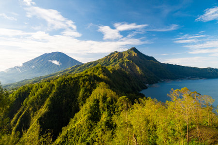 Sunrise view from Kintamani to Mount Abang and Agungの写真素材