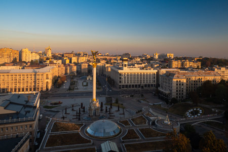 View over Maidan Square at sunset, Kyiv, Ukraineの写真素材