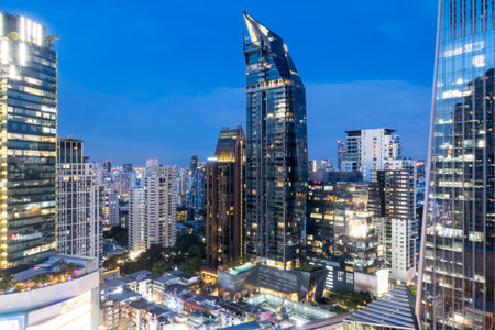 View over BTS metro rail line and Sukhumvit district, Bangkokの写真素材