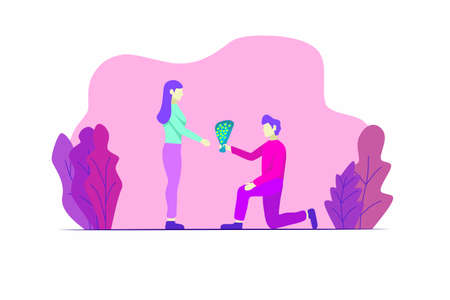 Illustration of a man giving flowers to his girlfriend in a flat style, perfect for your...