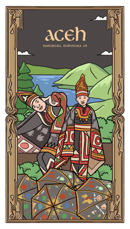 Cover Book Magazine template for tourism calender with Aceh culture illustrationのイラスト素材