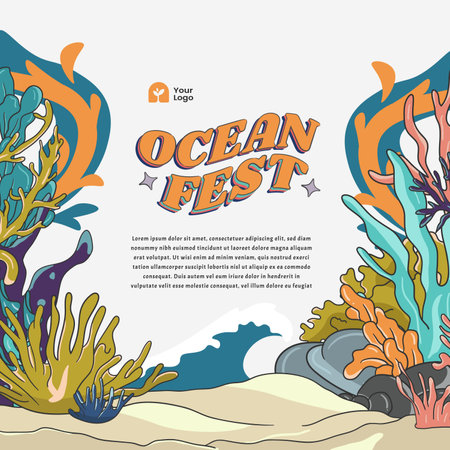Ocean or marine design template for social media with fish coral and sea animals illustrationのイラスト素材