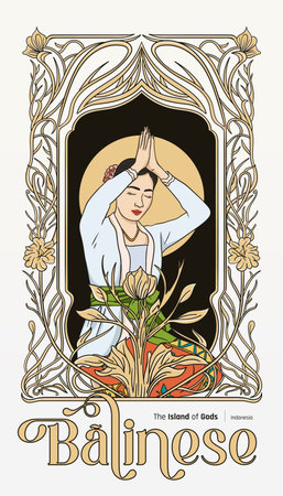 Balinese Woman praying with nature plant hand drawn illustrationのイラスト素材