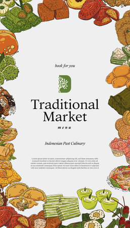social media poster with indonesian traditional cuisine hand drawn illustrationのイラスト素材