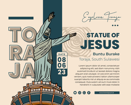 Jesus statue in toraja village called buntu burake indonesia culture handrawn illustrationのイラスト素材