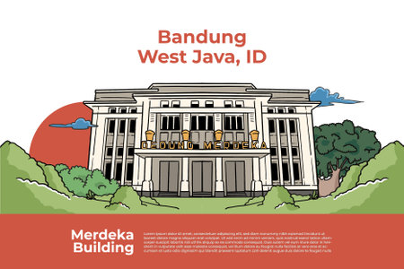 Merdeka Building Illustration historic building of the Non-Aligned Movement. Hand drawn Indonesian cultures backgroundのイラスト素材