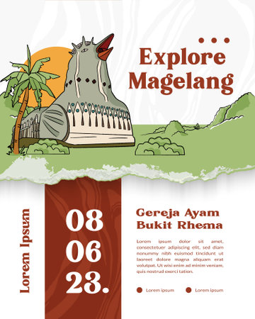 Religion building in Magelang Central Java hand drawn illustration. Poster Event with Chicken Church Indonesian backgroundのイラスト素材