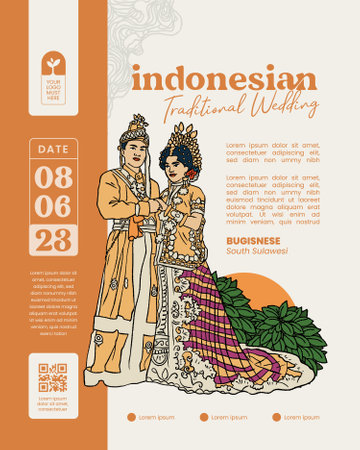 Indonesian Wedding Event Banner in Bugis Sulawesi Hand Drawn Illustrationのイラスト素材