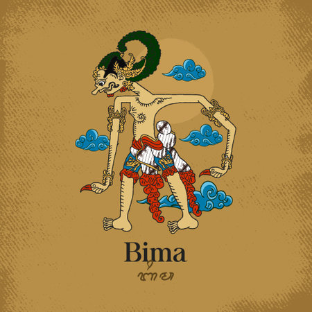 Bima Pandawa wayang illustration. Hand drawn Indonesian shadow puppet.のイラスト素材