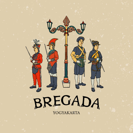 Isolated Yogyakarta Kraton Guards vector illustration. Hand drawn Indonesian cultures for background with vintage vibeのイラスト素材
