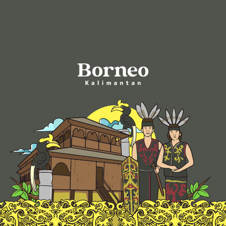 Set Borneo Kalimantan Illustration. Hand drawn Indonesian cultures backgroundのイラスト素材