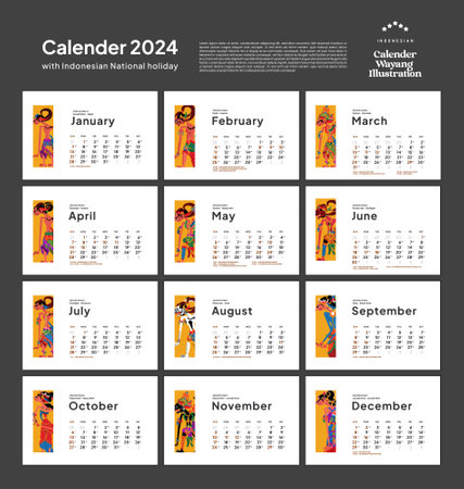 Annual calendar 2024 with Indonesia National Holiday Landscape template layout Editable Textのイラスト素材