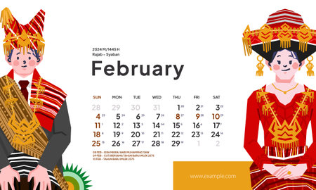 February 2024 calendar with Indonesia National Holiday Landscape template layout Editable Textのイラスト素材