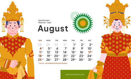 August 2024 calendar with Indonesia National Holiday Landscape template layout Editable Textのイラスト素材