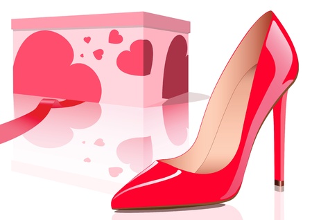 Red high-heel female shoe with heart shaped pattern box behind it on white background.のイラスト素材