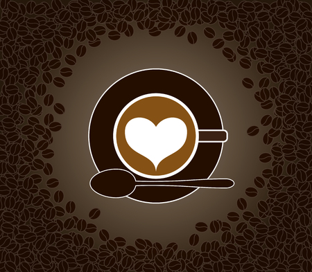 Vector illustration of cup of heart shape patterned cappuccino on a saucer with spoon surrounded by coffee beansのイラスト素材