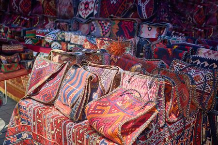 Handmade bags made of fabric with oriental ornaments from Armeniaの写真素材