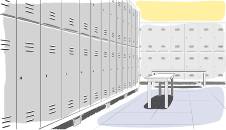 Row of steel lockers along the yellow wall and white benchesのイラスト素材