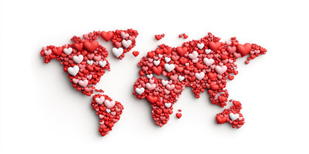 A silhouette of the world map formed by countless small hearts in different shades of red and pink, representing love, diversity, and unity among nations and people globally.の素材