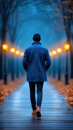 A man in a blue coat walks down a peaceful, wooded path lined with glowing lamps. Fallen leaves cover the ground as dusk settles over the park, creating a serene autumn atmosphere.の素材