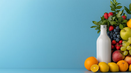 Fresh fruits and bottle of milk on blue background Generated AIの素材