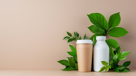 Eco-friendly packaging with green leaves on beige background Generated AIの素材