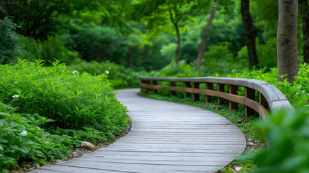 Wooden path surrounded by lush greenery in forest Generated AIの素材