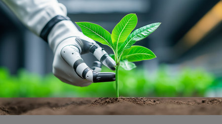 Advanced robotic systems are utilized for precision planting, ensuring optimal growth conditions for crops in a sustainable agricultural setting, demonstrating the future of farming.  Generated AIの素材