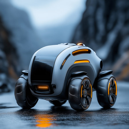 A sleek adaptive rescue robot maneuvers through a rugged landscape, showcasing its ability to transform shapes for effective navigation. Highlighting advanced technology in challenging terrains.   Generated AIの素材