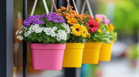 Brightly colored flower pots filled with lush blooms are elegantly hung outside a retail establishment, adding charm and attracting customers. The cheerful display enhances the outdoor atmosphere.  Generated AIの素材