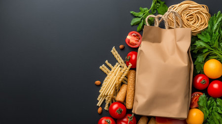 Biodegradable packaging sits prominently alongside fresh tomatoes, pasta, and greens, showcasing a sustainable alternative to plastic in a supermarket setting. Generated AIの素材