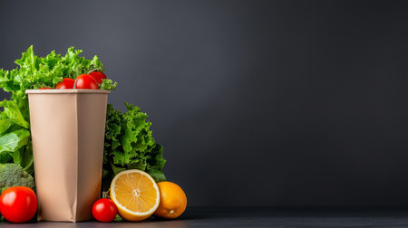 Sustainable biodegradable packaging replaces plastic in supermarkets, accompanied by fresh produce like tomatoes, broccoli, and citrus fruits against a dark backdrop. Generated AIの素材
