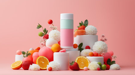 Brightly colored product packaging surrounded by an arrangement of fresh fruits and decorative elements, creating an appealing presentation for online retail environments. Generated AIの素材