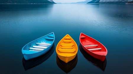 Three vibrant rowboats in blue, yellow, and red float peacefully on a still lake, reflecting the surrounding mountains under clear daylight skies. Generated AIの素材