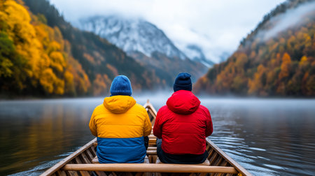 Two couples enjoy a tranquil experience rowing wooden boats along a misty river, surrounded by stunning autumn colors and distant mountains in a peaceful setting. Generated AIの素材