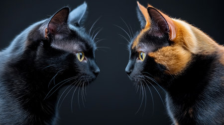 Two black cats with distinct markings face each other in low light. Their eyes reflect curiosity and caution as they navigate a dimly lit space, creating an engaging moment between them. Generated AIの素材