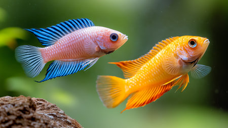 Two vivid tropical fish glide through a clear aquarium, showcasing their striking colors against a backdrop of aquatic plants and stones in a serene environment. Generated AIの素材