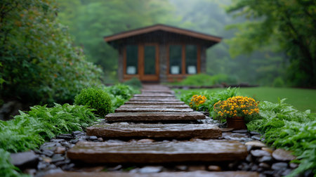 Stepping stones meander through vibrant ferns and blooming flowers, guiding visitors to a tranquil cabin. A peaceful atmosphere invites relaxation and connection with nature. Generated AIの素材
