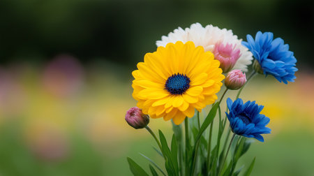 Vibrant wildflowers in an open field sway gently in the wind, showcasing a mix of colors and shapes against a soft, blurred background. Nature thrives in tranquility and beauty. Generated AIの素材