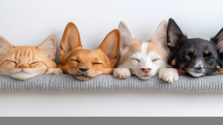 Cats and dogs peacefully sleep side by side in a cozy nook, showcasing their adorable expressions and warm companionship. A serene moment filled with tranquility and cuteness. Generated AIの素材