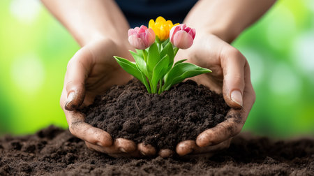 Gardening enthusiasts are seen planting vibrant flowers in rich, dark soil under a bright spring sky, surrounded by lush greenery, showcasing the beauty of the season. Generated AIの素材