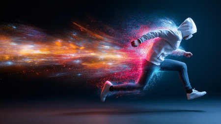 A runner sprints forward, creating vibrant colors and light trails that suggest intense speed and energy, set against a dark backdrop emphasizing movement and action. Generated AIの素材