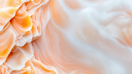 Soft orange and white swirls create an intricate marble texture. The layers blend seamlessly, showcasing a soothing and organic design. This stunning pattern evokes a sense of calm and beauty.の素材