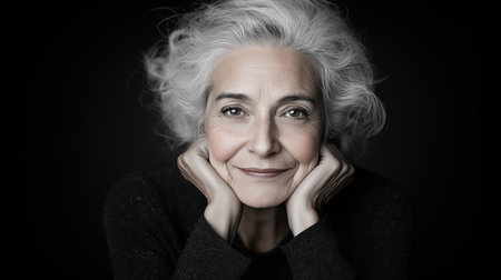 A joyful elderly woman with gray curls rests her chin on her hands, showcasing a warm smile.の素材