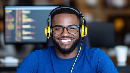 A young man with glasses and headphones smiles while seated in a tech-savvy environment, engaged in a task related to AI-based recommendation systems for streaming services. Generated AI. This is a fictional character not a real personの素材