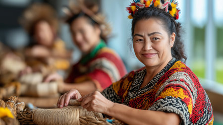 Women from the Maori community skillfully weave traditional baskets using flax. This activity highlights their cultural heritage and craftsmanship in a communal environment. Generated AI. This is a fictional character not a real personの素材